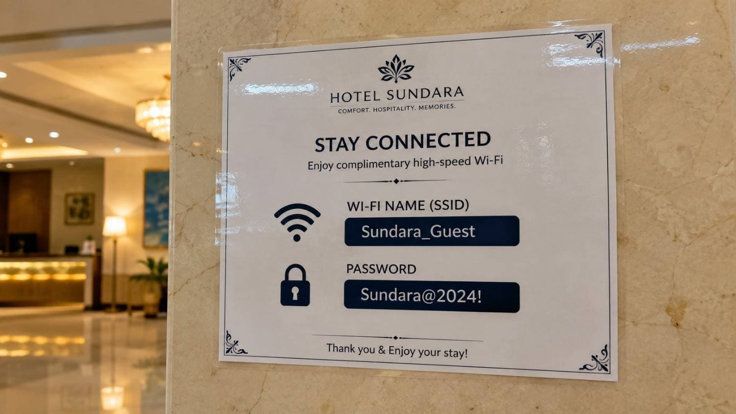 Hotel Wi-Fi sign: network Sundara_Guest, password Sundara@2024!