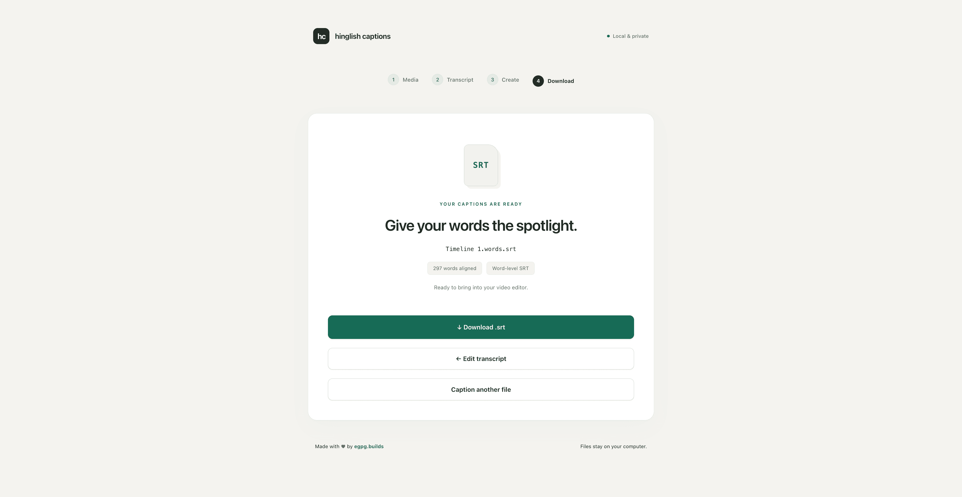 Download the generated word-level SRT caption file